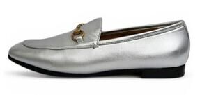 Gucci Jordaan Silver Metallic Leather Horsebit Loafers Flats Size 36